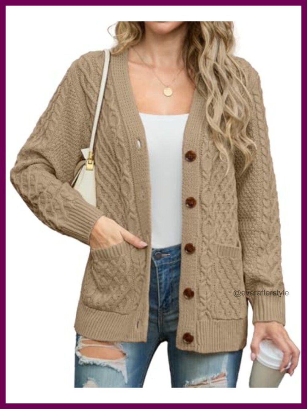 Women's Cable Knit Chunky Cardigan Sweater with Pockets Button Down